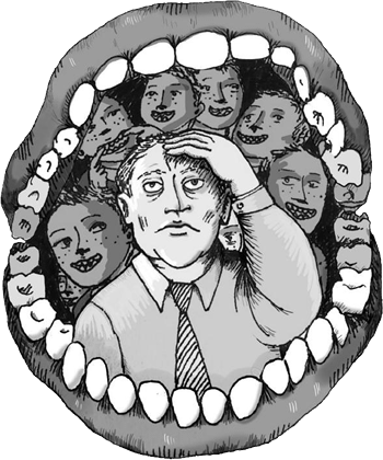 Illustration: Teacher and pupils inside mouth